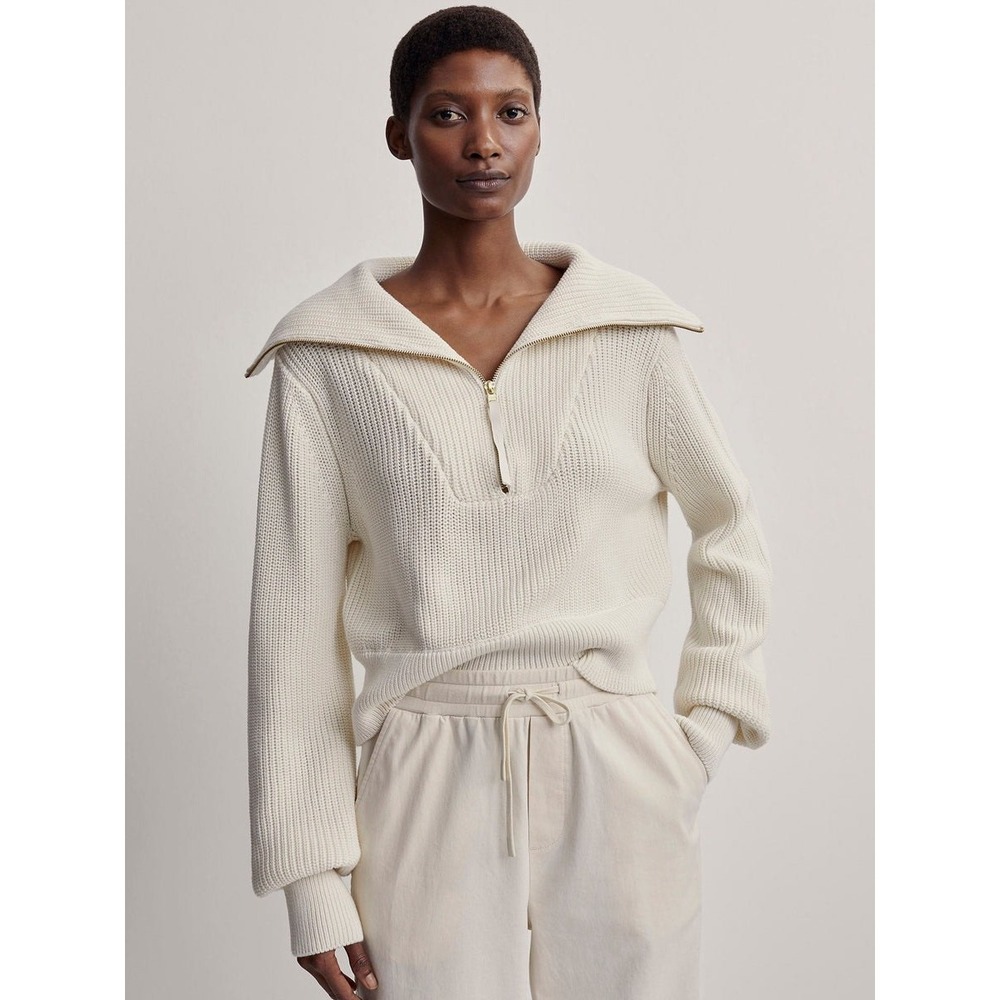 Varley Mentone Knit Half Zip Sweater White S Minimalist Lounge Boxy Cropped